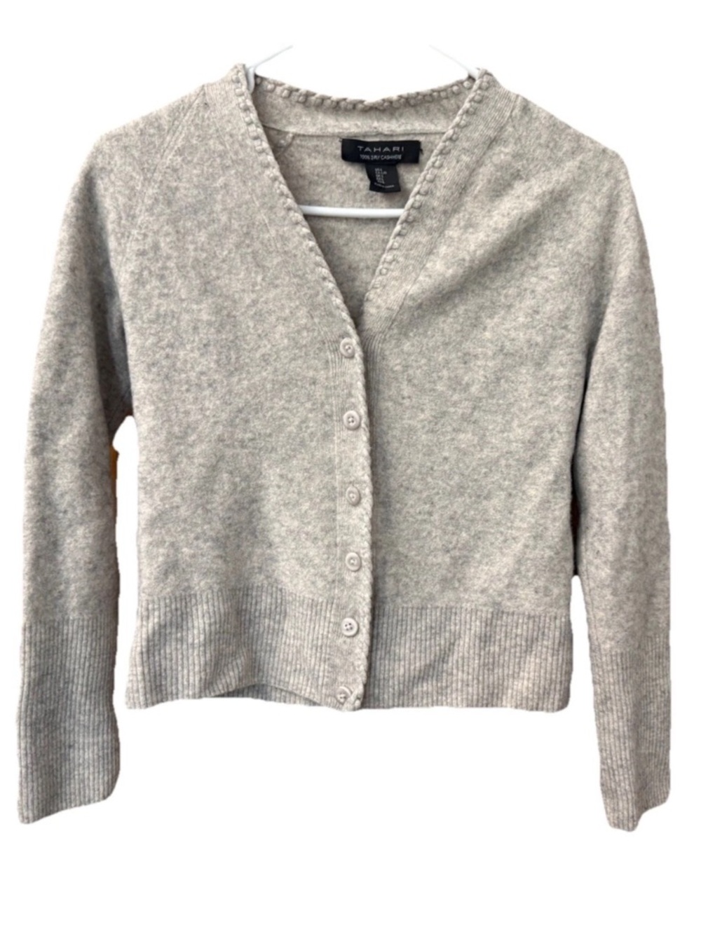 Tahari 100% 2 Ply Cashmere Gray Button Up Cardigan Sweater Knit Detail Size L